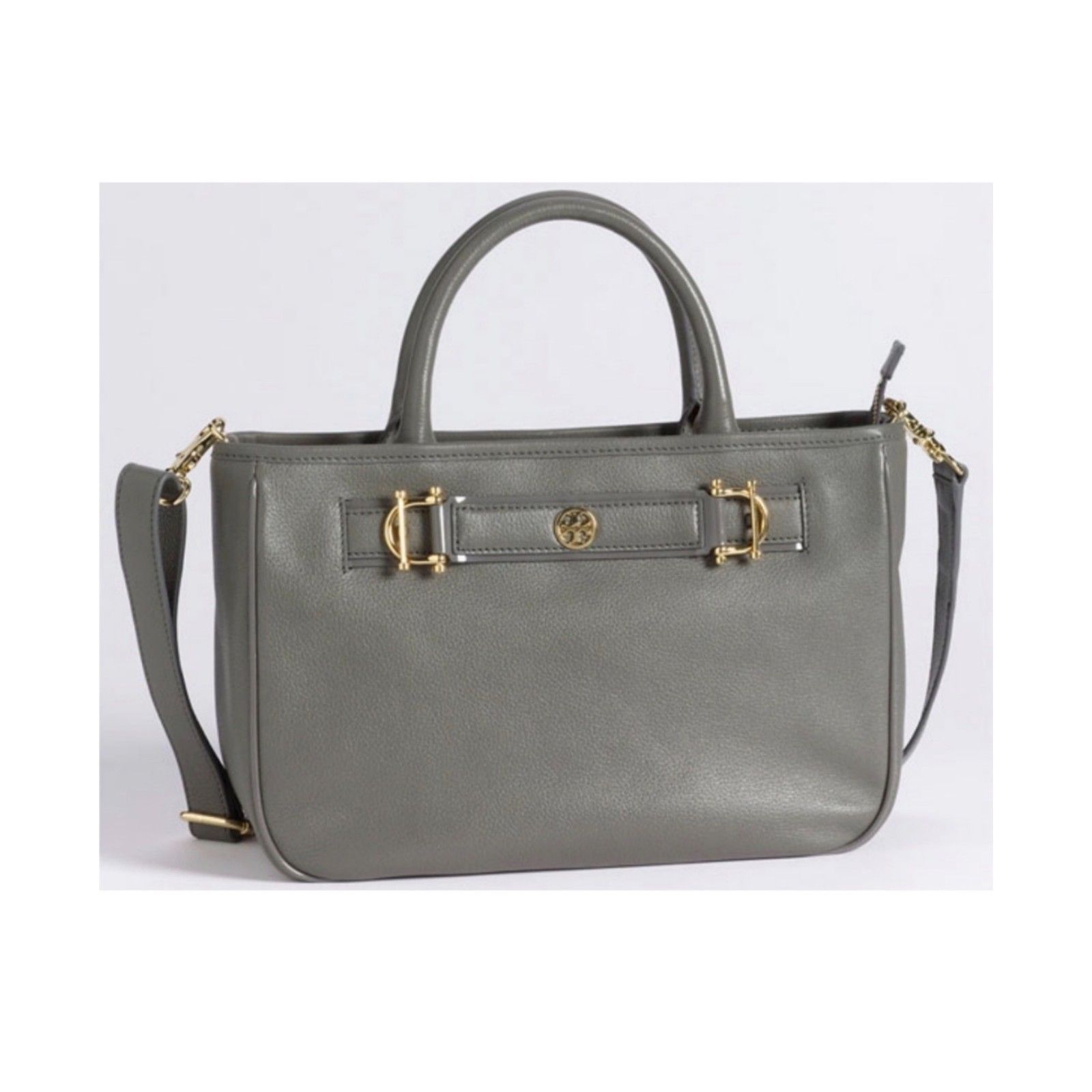 Tory Burch Gray Pebbled Leather Horsebit 2 Way Crossbody Hand Bag